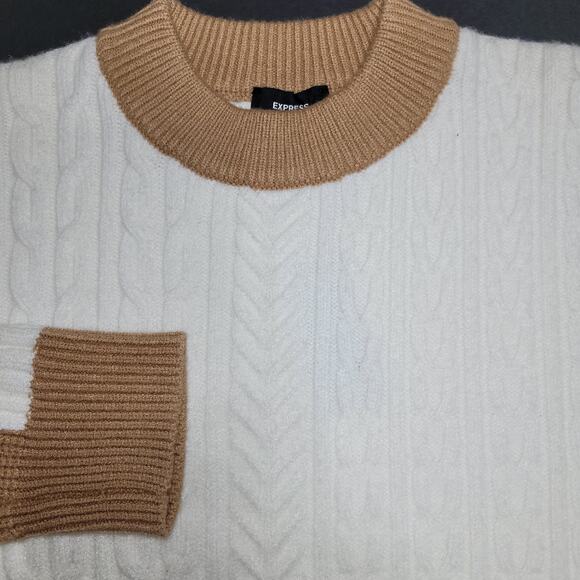 NWT Express Color Block Chunky Cable Knit Sweater XS Asymmetrical Hem Cream Tan - Picture 3 of 12